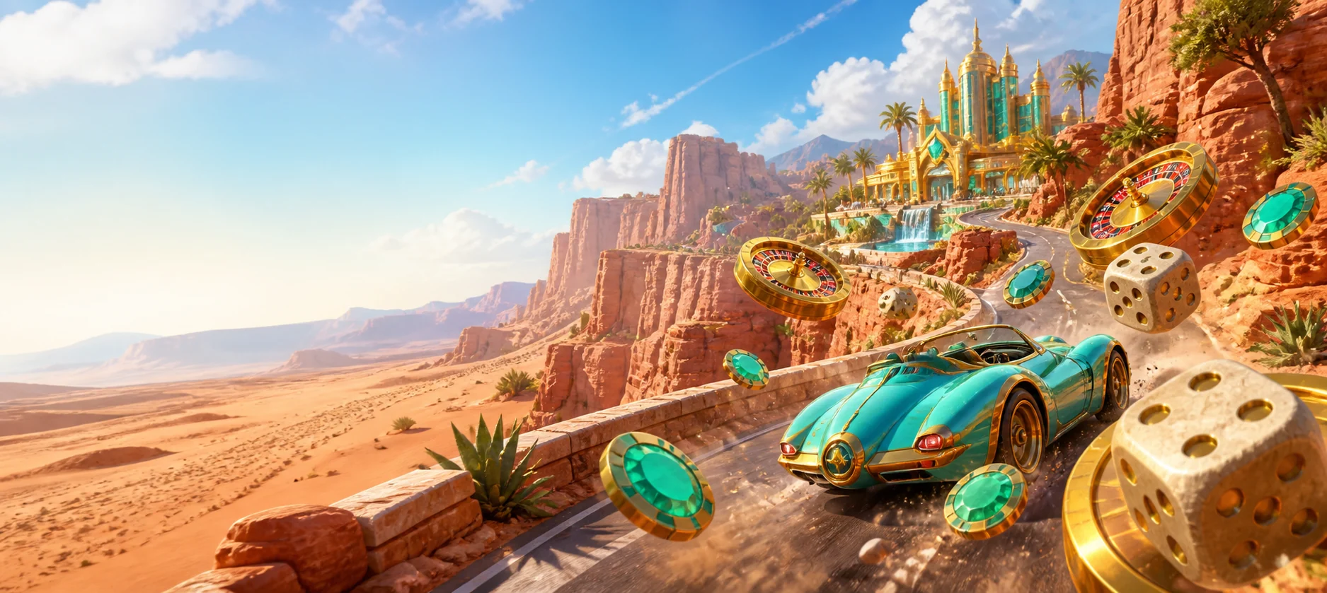 Stonevegas Casino-Welten auf einer sonnigen Wüstenstraße